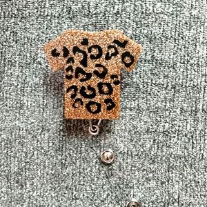 Cheetah print scrub top T-shirt retractable name badge reel ID holder